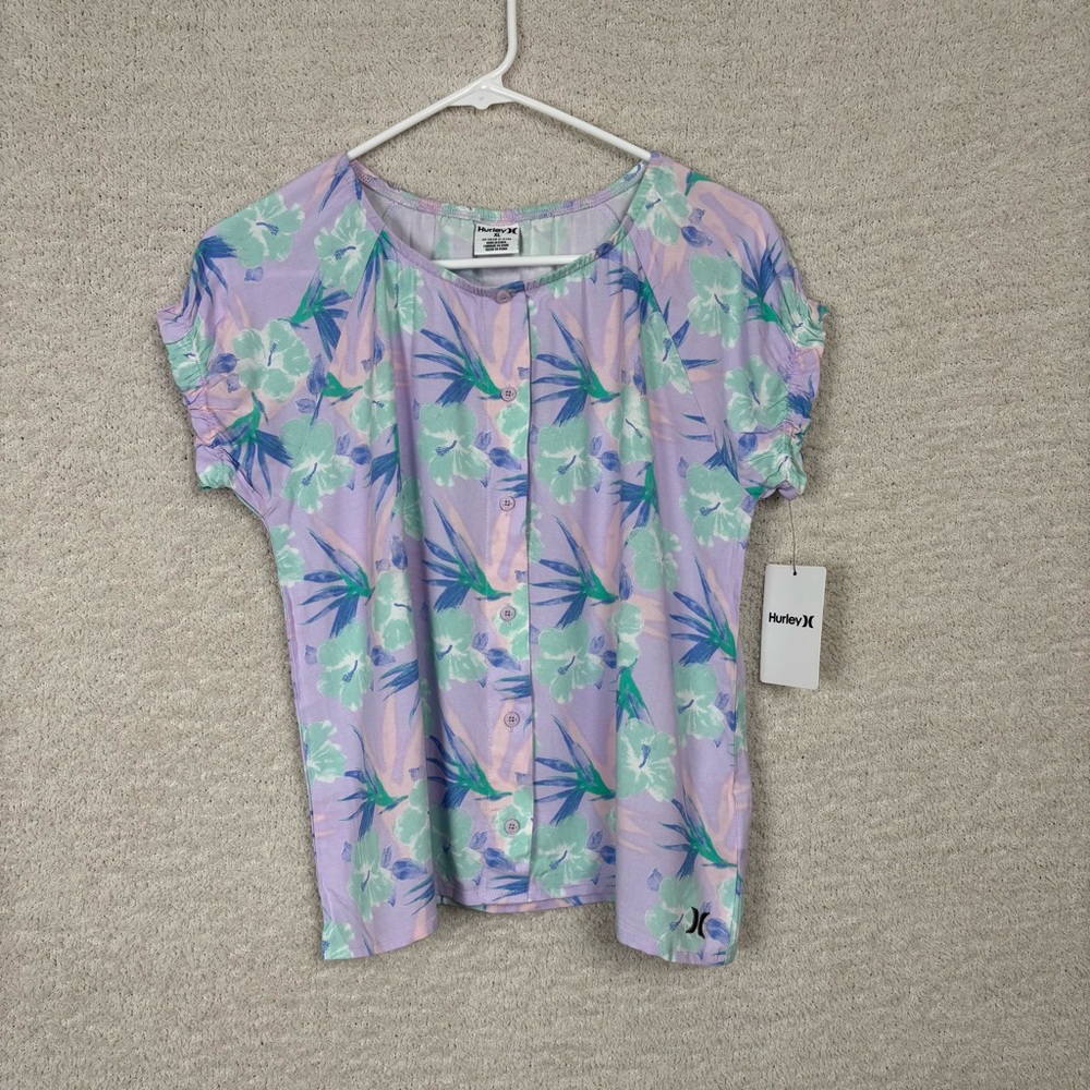 Hurley Top Womens‎ XL Purple Floral Pull Over Button Detail Flowy Boxy
